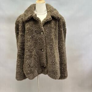 Caché‎ Brown Teddy Sherpa Coat Jacket Size Medium Plush Faux Shearling Button
